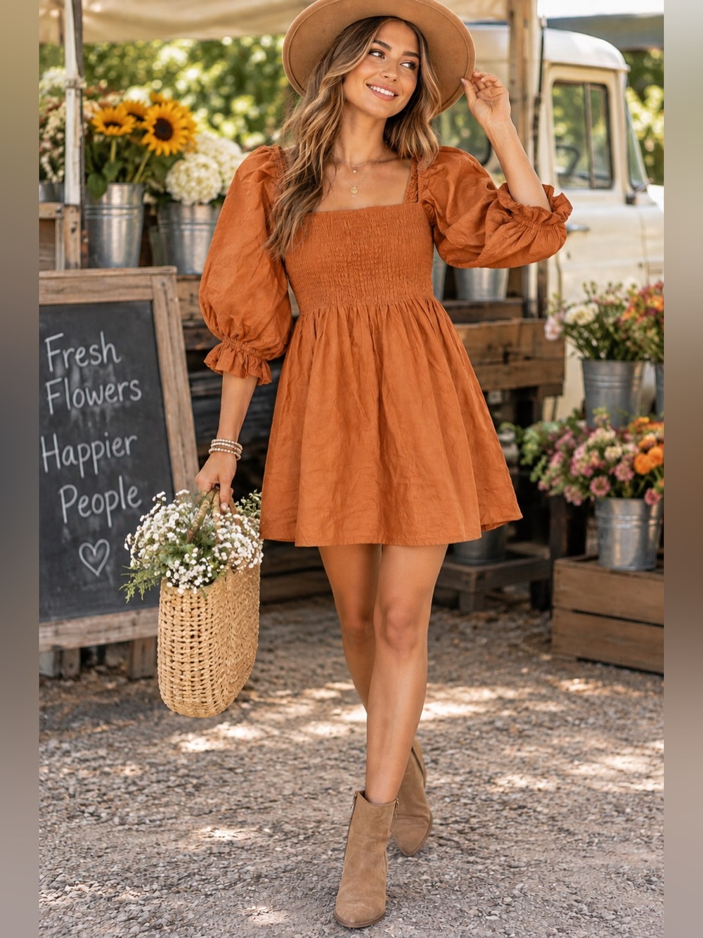 Women’s Smocked Puff Sleeve Casual Mini Dress in Rust